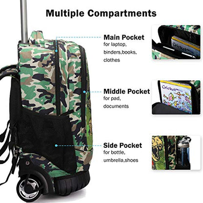 Tilami Rolling Backpack 19 inch Wheeled Cute LAPTOP Boys Girls Travel School Student Trip, Dinosaur - color: Dinosaur