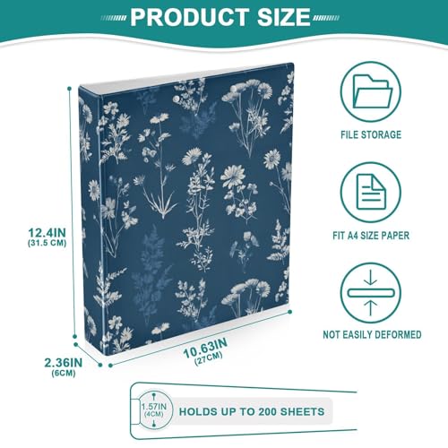 Navy Blue Retro Botanical Flower Binder 3 Ring 1.5 Inch Binder with Clipboard&Pockets, Hardcover Binders Heavy Duty Large File Folder for Office School Supplies - Holds 200 Sheets - color: Navy Blue Botanical Flower, size: 1 Pack-12.4x10.63in