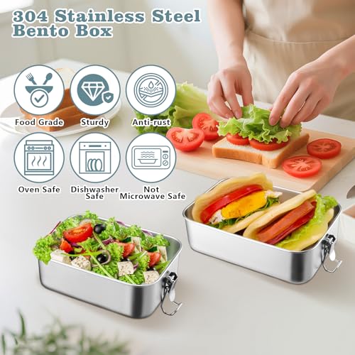 TeamFar Stainless Steel Bento Box, 3 Pack (16, 28 & 47oz) Metal Lunch Box with 3 Compartments for Adults Kids, Lunch Food Containers for School/Work/Meal Prep, Leak-Proof, 550ML+850ml+1400ML