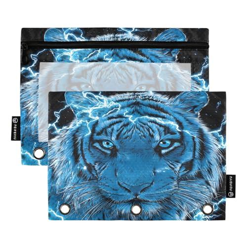 Blue Tiger Pencil Pouch for 3 Ring Binder Pencils Bag Pencil Case with Zipper Clear Window for School Office 2 Packs - color: Blue Lighting Tiger