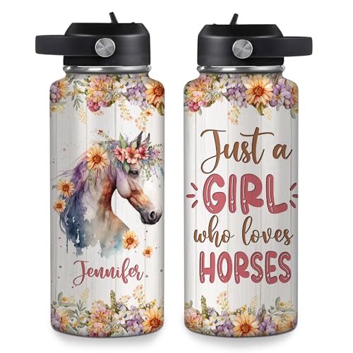 Hyturtle Personalized Horse Water Bottle - Custom Name Insulated Stainless Steel Bottle with Leak-Proof Lid 18oz 32oz - Animal Lover Gift for Women Girls Horse Lovers - Birthday & Christmas Gift - color: Horse
