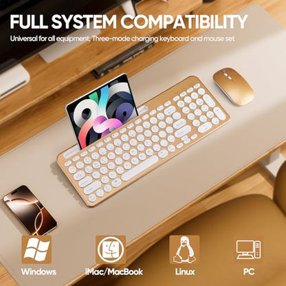 Wireless Keyboard and Mouse Combo with Phone Tablet Holder, Rechargeable Dual-Mode (Bluetooth 5.0 and 3.0 +2.4G) Multi-Device Silent Mouse for Windows, iPad, Tablet, MacOS,iOS,Android (Gold) - color: gold