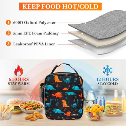 opux Insulated Lunch Bag for Kids Boys Girls, Small Compact Lunch Box with Wide Opening & Mesh Pockets, Reusable Lunch Pail for School, Work, Adults, Men, Women, Dinosaur - color: Dinosaur