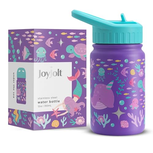 JoyJolt Kids Water Bottle with Straw Lid, 12oz Small Stainless Steel Reusable Tumbler for Kids, Girls, Boys, or Teen, Vacuum Insulated Water Bottle for School, Travel, and Outdoors, Leakproof - color: Sea