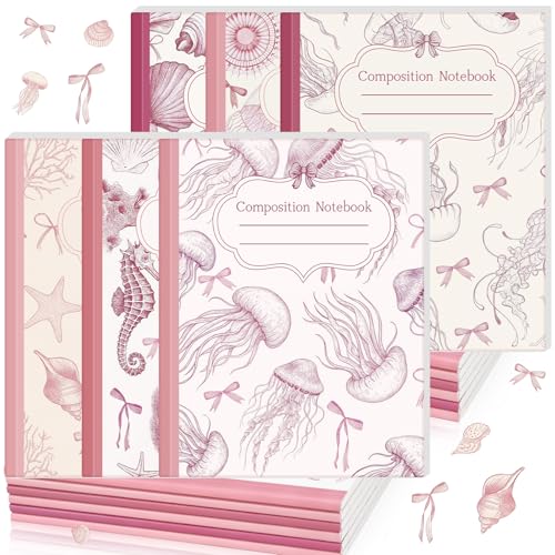 AmazingSpark Pink 6 Pack Composition Notebooks College Ruled Bulk Retro Sea Bow Blue Pink Composition Notebook for Back to School 110 Page 7-1/2"x9-3/4 Jellyfish Journal for First Day of School - color: Pink