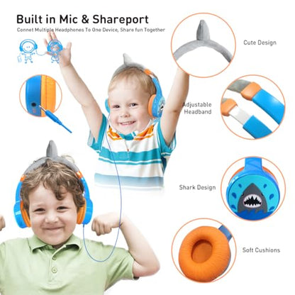 Kids Bluetooth Headphones Toddler Wireless/Wired Headphone with MIC Bluetooth 5.3 Stereo Sound Sharing Function Adjustable 85dB Safe Volume Limited SD Card Slot Kid Headset for Home School - style: Shark