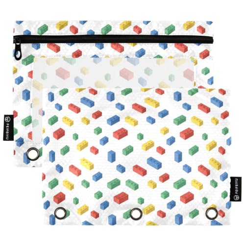 Gredecor 3 Ring Binder Pencil Pouch, Colorful Building Blocks Zippered Pen Case Pouches with Clear Window, 2 Pack Stylish Office & School Supplie - color: Colorful Building Blocks