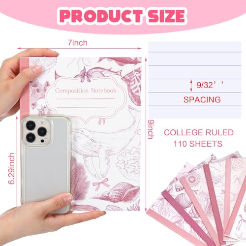 AmazingSpark Pink 6 Pack Composition Notebooks College Ruled Bulk Retro Sea Bow Blue Pink Composition Notebook for Back to School 110 Page 7-1/2"x9-3/4 Jellyfish Journal for First Day of School - color: Pink