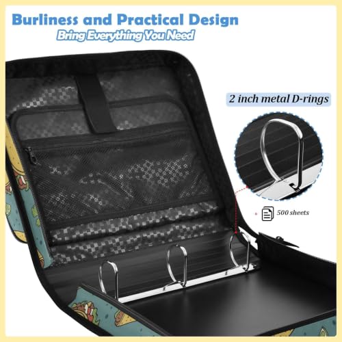 Mexican Tacos Zipper Binder Bag 2 Inch Binder Organizer for School Office | Large Capacity School Binders for Girls Boys Women Kids Men, Multi-Pocket Organizer Case with Strap for Students