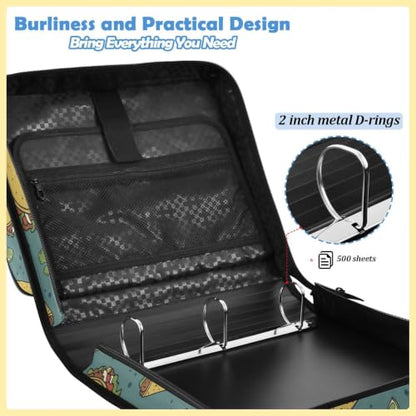 Mexican Tacos Zipper Binder Bag 2 Inch Binder Organizer for School Office | Large Capacity School Binders for Girls Boys Women Kids Men, Multi-Pocket Organizer Case with Strap for Students