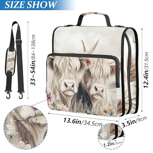 3 Ring Zipper Binder with Shoulder Strap Highland Cow Cattle Flower 2 Inch Zippered Binder Bag 500 Sheet Capacity Multi Pockets for School Supplies - color: Multi23