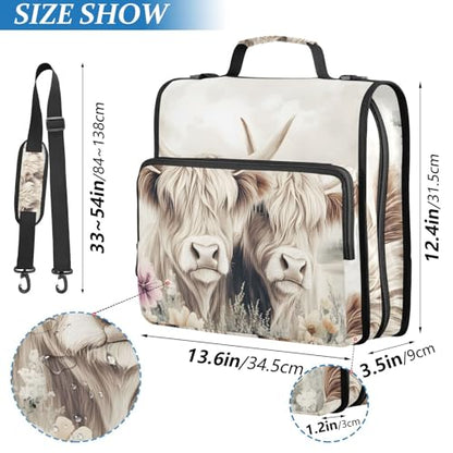 3 Ring Zipper Binder with Shoulder Strap Highland Cow Cattle Flower 2 Inch Zippered Binder Bag 500 Sheet Capacity Multi Pockets for School Supplies - color: Multi23