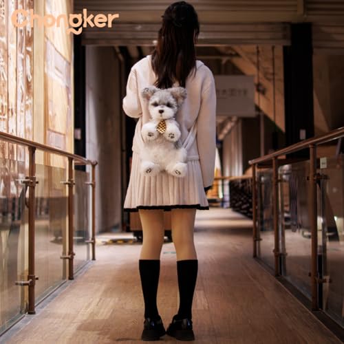 Chongker Dog Shaped Backpack, Handmade Realistic Stuffed Animals Backpack, Cute Dog Plush Bag - style: Schnauzer-silver
