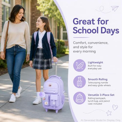 WZLVO Rolling Backpack for Girls, 21 inch Water Resistant Roller School Bag with Wheels, Wheeled Backpacks Set for Teen Women Elementary Travel - Purple - color: Purple