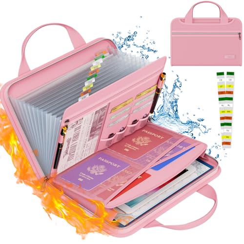 Tamfile Fireproof Accordion File Organizer, 13 Pocket Expanding File Folder | Document Organizer with Handle, File Folder with Multi-Pockets Paper Organizer for A4 File, Pink - color: Pink, style: Clear Pocket