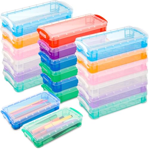Gueevin 24 Pcs Large Capacity Plastic Pencil Box Clear Plastic Pencil Case Crayon Box with Snap Tight Lid Watercolor Pen Storage Brush Organizer Drawing Tools Container (Fresh Color) - color: Fresh Color