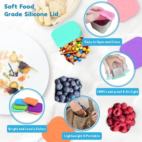 CasaCulina 6 Pack 6oz Stainless Steel Snack Containers, Easy Open Leak Proof Stainless Steel Food Storage Containers with Silicone Lids, Small Metal Lunch Box Container for Office, Travel