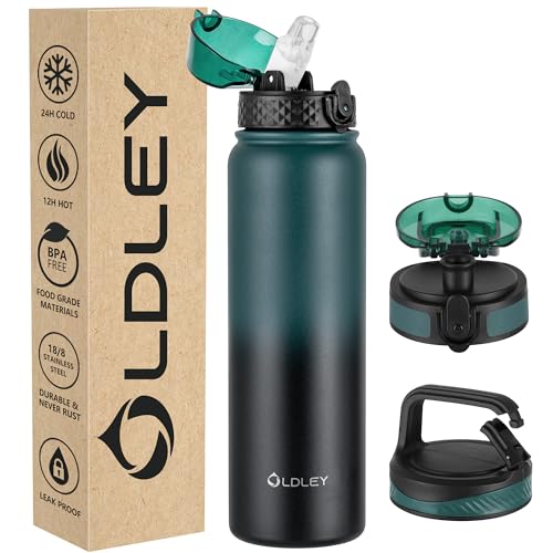 Oldley Insulated Water Bottle 32oz Water Bottles with Straw, Stainless Steel Water Bottle with 3 Lids, Double Wall Vacuum Bottles for Adult Kids, Sports Bottles for School Travel,Green-black - color: Green-black, size: 32 Ounces