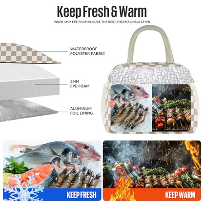 Lunch Bag Women/Men Lunch Box Women/Men (Khaki+White Checkerboard) | Spacious Lightweight Waterproof Sturdy Durable Great Value For Office Work School Picnic Travel - color: Khaki+White Checkerboard