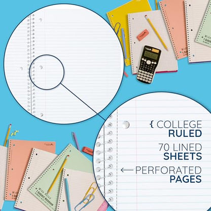 Blue Summit Pastel Spiral Notebook College Ruled, One Subject School Notebooks Spiral, Perforated Notebooks Bulk, 8 x 10.5 School Book, Paper, College Ruled, 12 Pack - size: 12 Pack