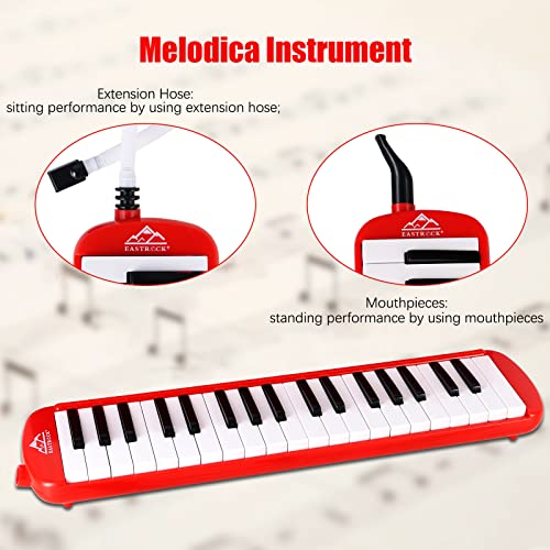 EastRock 37 Key Melodica Instrument Air Piano Keyboard Soprano style Pianica with Mouthpiece Tube Sets and Carrying Bag Black - color: Red, size: 37key