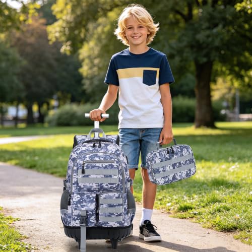 DIGOBAY Camo Rolling Backpack for Boys, 3PCS Tactical Kids Rolling Backpack Set with Lunch Bag & Pencil Case, Boys Wheeled School Bookbag for Elementary, Middle, High School - color: Camouflage Dark Gray
