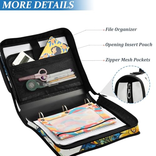 Zipper Binder Cat Flower Cute Black 1.5 inch 3 Ring Binder Bag with Multiple Pockets, 500 Sheet Capacity with Shoulder Strap