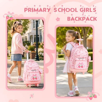 Rolling Backpack for Girls, 3PCS Roller School Backpacks for Girls with Lunch Bag and Pencil Pouch, Kids Bookbag School Bag with Wheels for Kindergarten Elementary Middle School Travel - color: Pink Bow Cherry