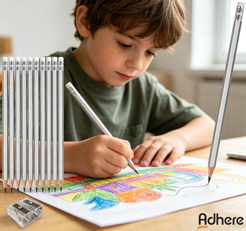 Adhere 25pcs Woodcase Pencils with Eraser Premium Pre-Sharpened Hexagon Graphite 2B pencils ideal for home, office writing including a Free Sharpener (Silver・25pcs) - color: Silver・25pcs