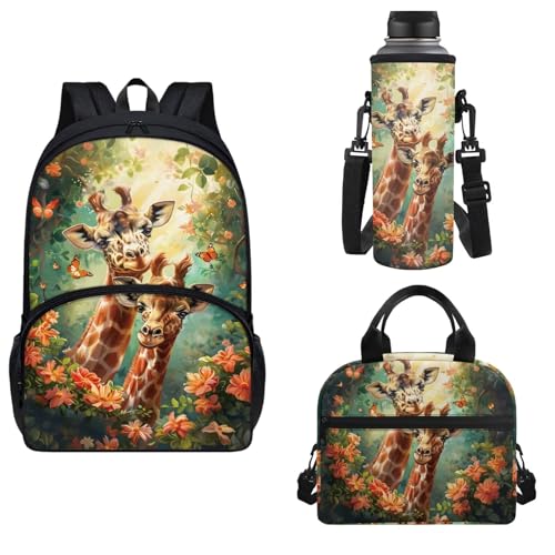 Horeset Giraffe Floral Print School Backpack for Kids Boys Gifts, Bookbag Rucksack with Water Bottle Holder Bag+Meal Bag Storage for Youth Primary School Student - color: Giraffe Floral