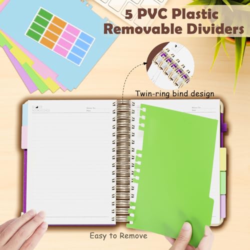 QIYVLOS Hardcover Spiral Notebook, A5 Journal with Removable Dividers Tabs, 5 Subject Notebook College Ruled, 320 Pages 6"x8" Leather Notebooks for Work School Study, Lined Journal for Women, Purple - color: A5/Purple