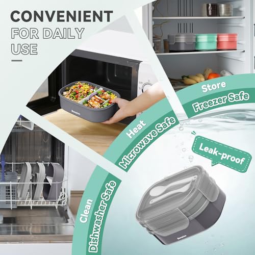 2 Layers Bento Box, All-in-One Stackable Lunch Container with Compartments, 64oz Leakproof Microwave Safe Dishwasher Safe Bento Box with Lunch Bag and Utensil Set for Kids and Adults - color: Gray