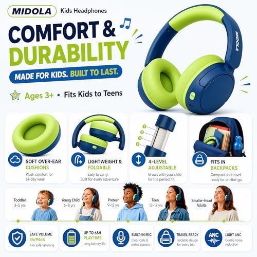 Kids Bluetooth Headphones Active Noise Cancelling,68H Play Time,Lightweight Wireless Foldable Over-Ear Headphone for Kid Toddler,Volume Limited 85/94dB,Headsets with Built-in Mic Blue - color: Deep Blue