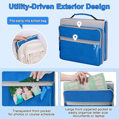 Ndsox Zipper Binder 3 Ring with Handle, 2 Inch O-Ring Document Organizer Middle School Binder with Zipper for Students, 5-Tab Expanding File Folder & 2 Mesh Pouches, DIY Clear Front Pocket, Blue - color: Blue