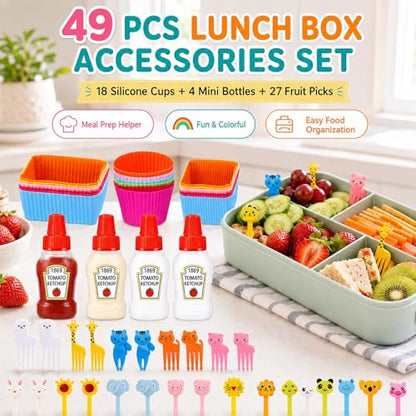 Set of 49 Lunch Box Accessories, Includes 18 Silicone Lunch Box Dividers Cupcake Liners, 4 Mini Ketchup Bottle Condiment Squeeze Bottles Sauce Containers for Bento Box, 27 Food Picks Fruit Toothpicks