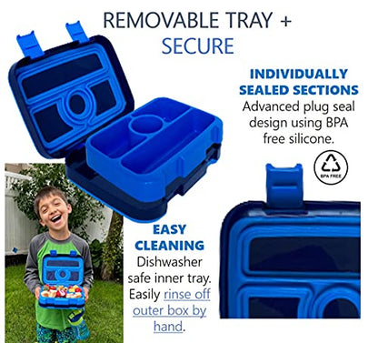 Bento Lunch Box with Bag, Water Bottle & Ice Pack Set for Kids Toddlers, 4 Portion Sections, Removable Tray, Pre-School Boy Toddler Daycare Lunches, Insulated Snack Container, Blue Space Dinosaur - color: Blue Rocket Dinosaur Set