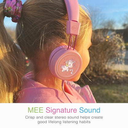 MEE audio KidJamz KJ55 Wired Children’s Headphones with 3.5mm Plug, Colorful Graphics, Volume Limiter & Microphone, Adjustable On-Ear Kids Headset for Online Learning/School/Travel/Tablet (Pink) - color: Pink, style: Standard