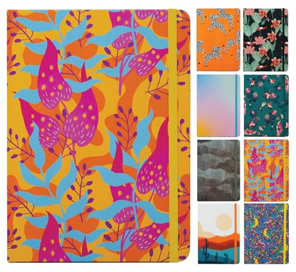 Beatrix & Luca College Ruled Notebook - A5 Journal – Lay Flat with Bookmark and Elastic Band - 160-Pages – 100 GSM Paper - Composition or Diary – Lined Pages - color: gold magenta blue flowers