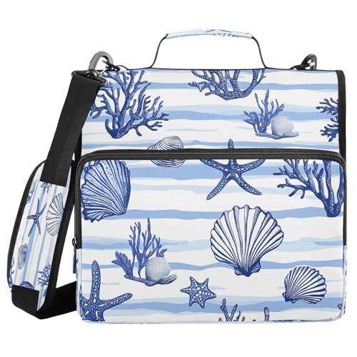 CEBUGI 3 Ring Zipper Binder with Shoulder Strap Multi-Pocket Portfolio Binder 1.5-inch D-Rings Expanding File Folder for School Office Blue Seashells