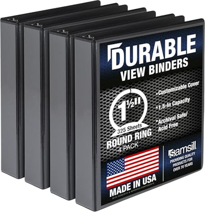 Samsill 4 Pack Durable 1.5 Inch 3 Ring Binders, Round Ring, Clear View Cover for Presentations, Black - color: Black, size: 1.5-Inch