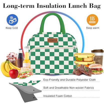Coobiiya Lunch Bag Lunch Box for Women Men, Cute Lunch Tote Bags Insulated Reusable LunchBags Large Capacity Cooler Bag for Work Travel Picnic adults - color: Green gingham