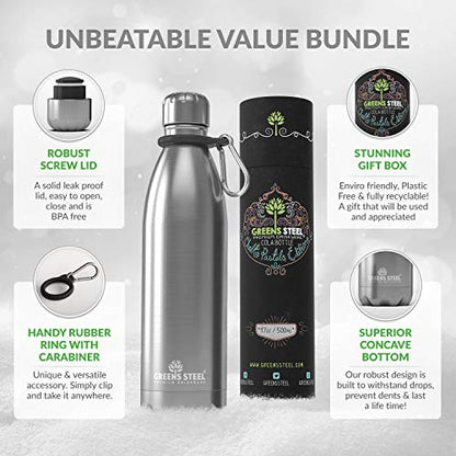 Greens Steel Stainless Steel Water Bottle - 17 oz, Steel | Vacuum Insulated Double Wall with Screw Lid/Leak Proof | Thermal Travel Sports Canteen Coffee Flask - color: Steel, size: 17 Ounces