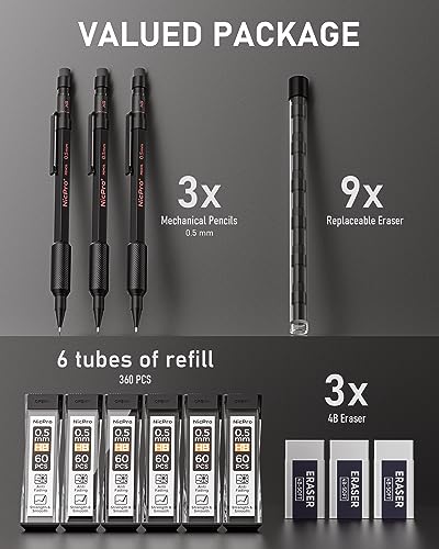 Nicpro 0.5 mm Mechanical Pencil Set with Case, 3PCS MP2000 Metal Artist Mechanical Pencil With 6 Tube HB Lead Refills, Eraser, Weatherproof Barrel for Outdoor Writing Drafting Drawing Sketching - size: 0.5mm