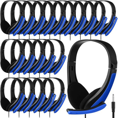 Yunsailing 20 Pack Bulk Classroom Headphones with Microphone Students Wired School Class Set Headphones for School Library Computer Office Adults 3.5 Jack Universal Plug(Dark Blue) - color: Dark Blue
