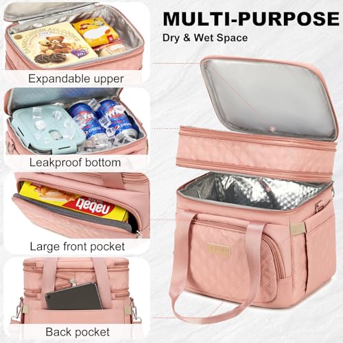 AIJIEKE Lunch Bag for Women, Insulated Double Deck Work Lunch Box, Pink | Durable, leakproof thermal cooler tote. Double compartment, expandable pockets, strap. For travel meal prep, beach, picnic - color: Pink