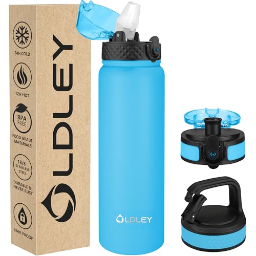 OLDLEY Insulated Water Bottle 32oz Water Bottles with Straw, Stainless Steel Water Bottle with 3 Lids, Double Wall Vacuum Bottles for Adult Kids, Sports Bottles for School Travel,Blue - color: Blue, size: 32 Ounces