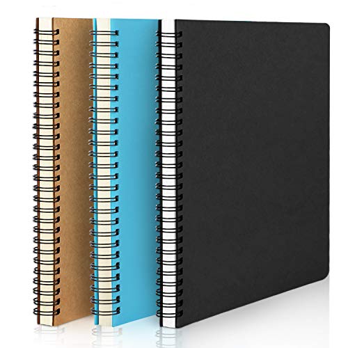 EUSOAR Hardcover College Ruled Spiral Notebooks, A5 3Packs 5.5"x8.3" 120 Pages Lined Travel Writing Subject Notebooks Journal, Memo Notepad Sketchbook, School Office Business Diary Journal - color: Black, Blue, Kraft, size: 3 Packs