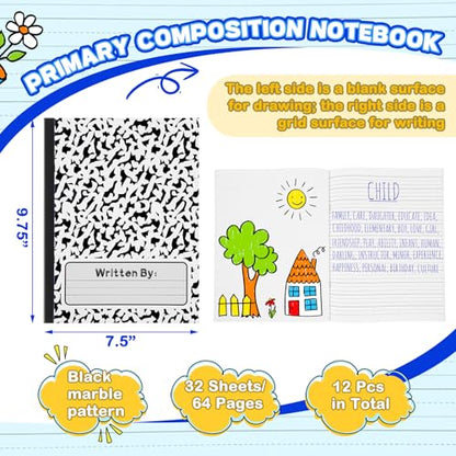 Henoyso 12 Pack Primary Composition Notebook for Kids, K-2 Journal with Half Blank Half Lined Pages, Draw and Write Journal for Kindergarten, 1st & 2nd Grade, Classic Black Covers - color: Black