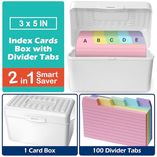 Olivo 3x5 Index Card Holder Box with 100 Cards Dividers Tabs 3"x 5", White - color: White, size: 3" x 5"