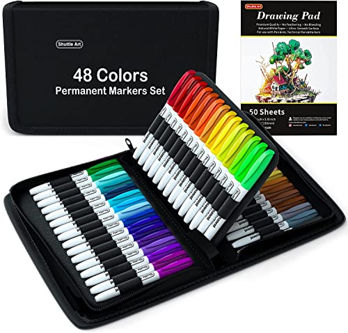 Shuttle Art Permanent Markers, 48 Colors Fine Point, Assorted Colors with Travel Case, Ideal for Adults Coloring Doodling on Plastic, Glass, Wood and Stone, Gift for Students - color: 48 Colors with Travel Bag